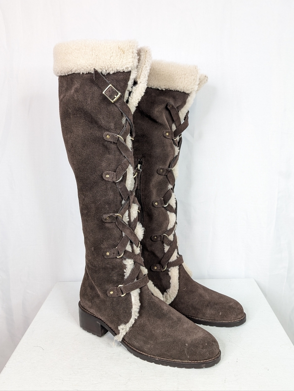 Delman Real Fur Leather Lace Up Tall Brown Riding Boots - Size 8